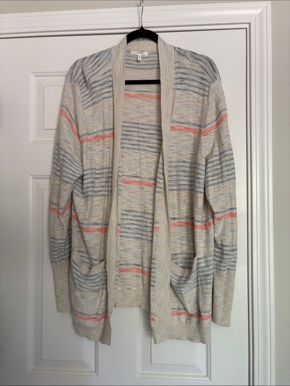 Maurices Cream Cardigan with Blue and Coral Stripes